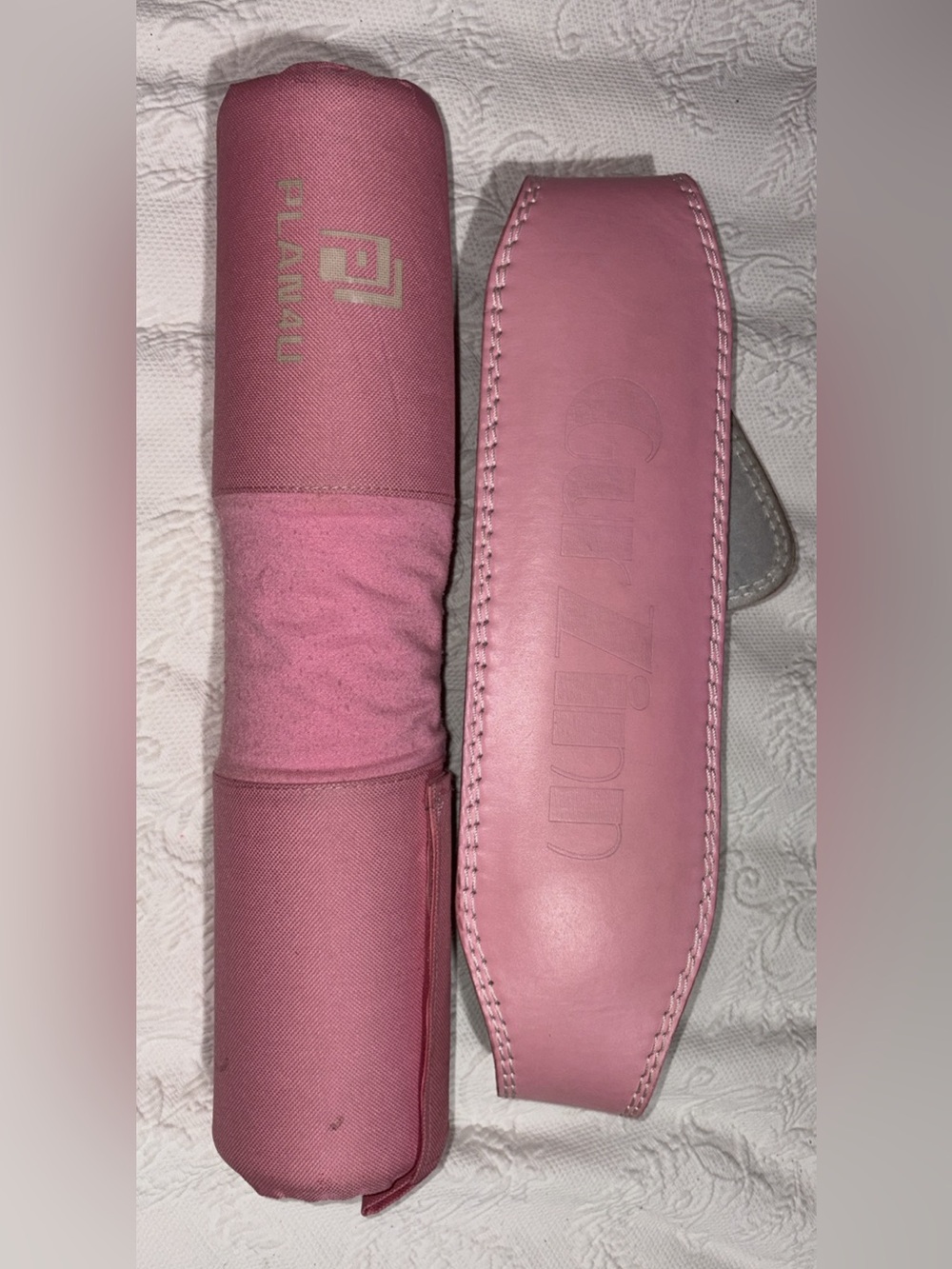 Pink weight lifting belt and hip thrust pad